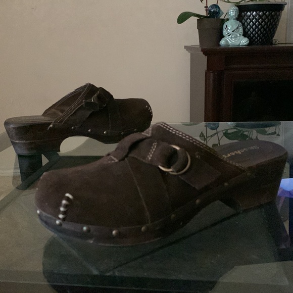 SKETCHERS Wooden Clogs Platform Brown Leather Slip On - Picture 8 of 11